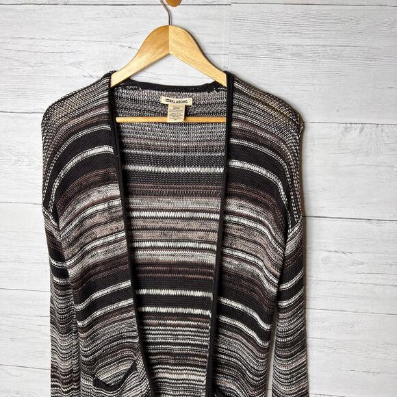 Billabong Cardigan Duster Womens Size S/P Brown with Pockets Striped Open Earthy - Picture 8 of 16